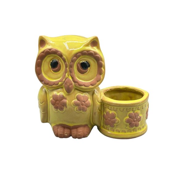 Vintage Small Owl Planter Yellow Glaze Red Clay Pottery Bird Kitsch Home Decor - Picture 1 of 9
